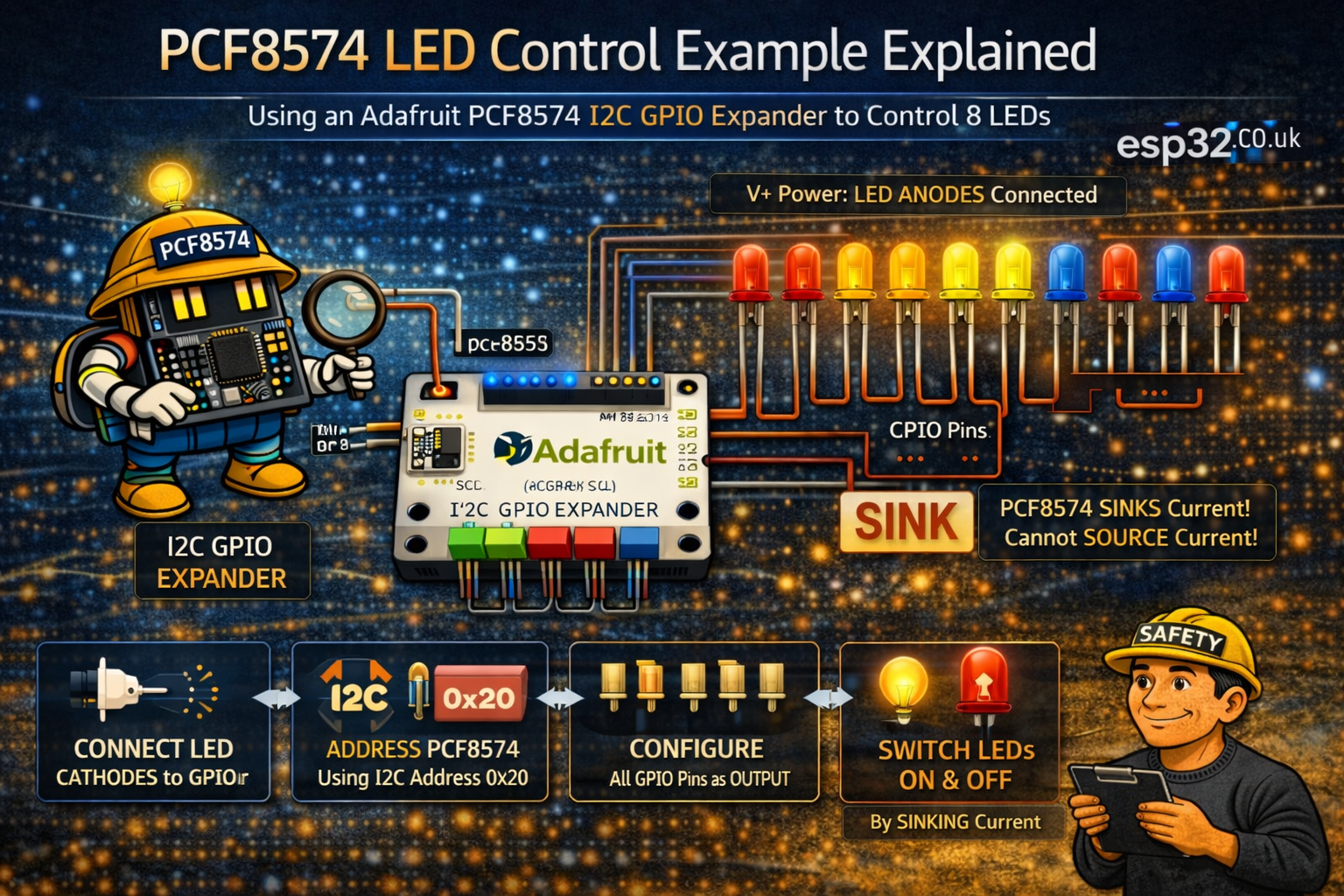 PCF8574 LED Control with ESP32 (I²C GPIO Expander)