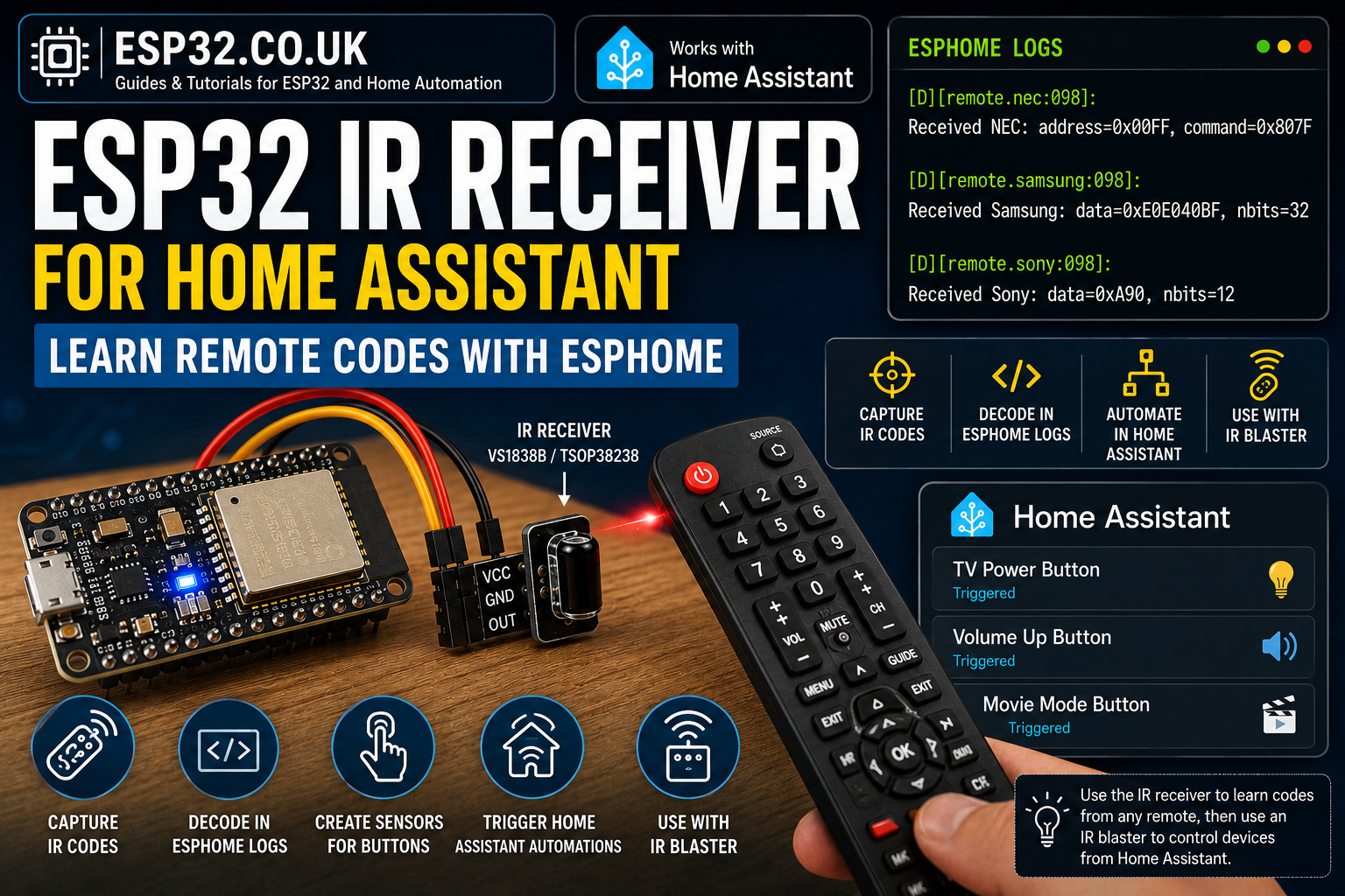 ESP32 IR Receiver for Home Assistant: Learn Remote Codes with ESPHome