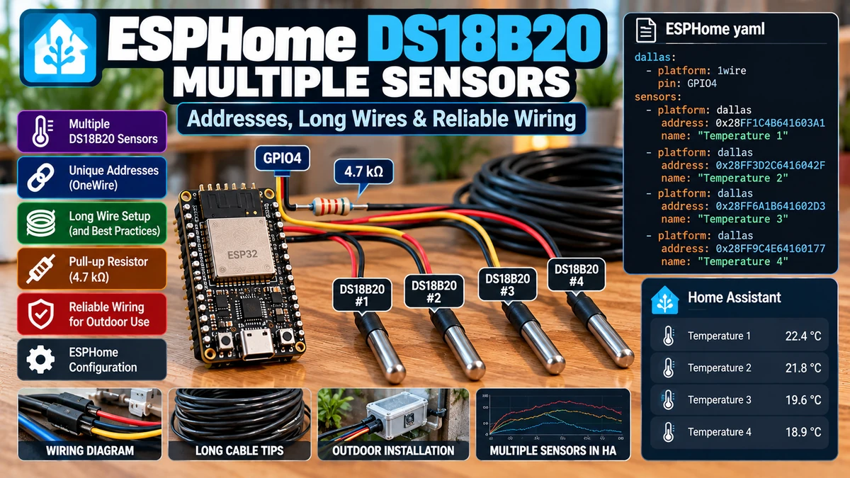 esphome ds18b20 multiple sensors long wires reliable wiring