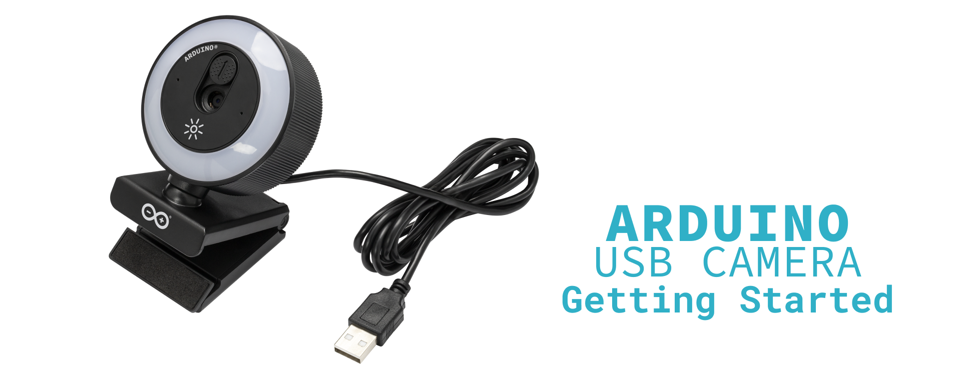 Arduino USB Camera with its LED ring, monitor clip and integrated USB-A cable, pictured in Arduino's official getting-started banner.