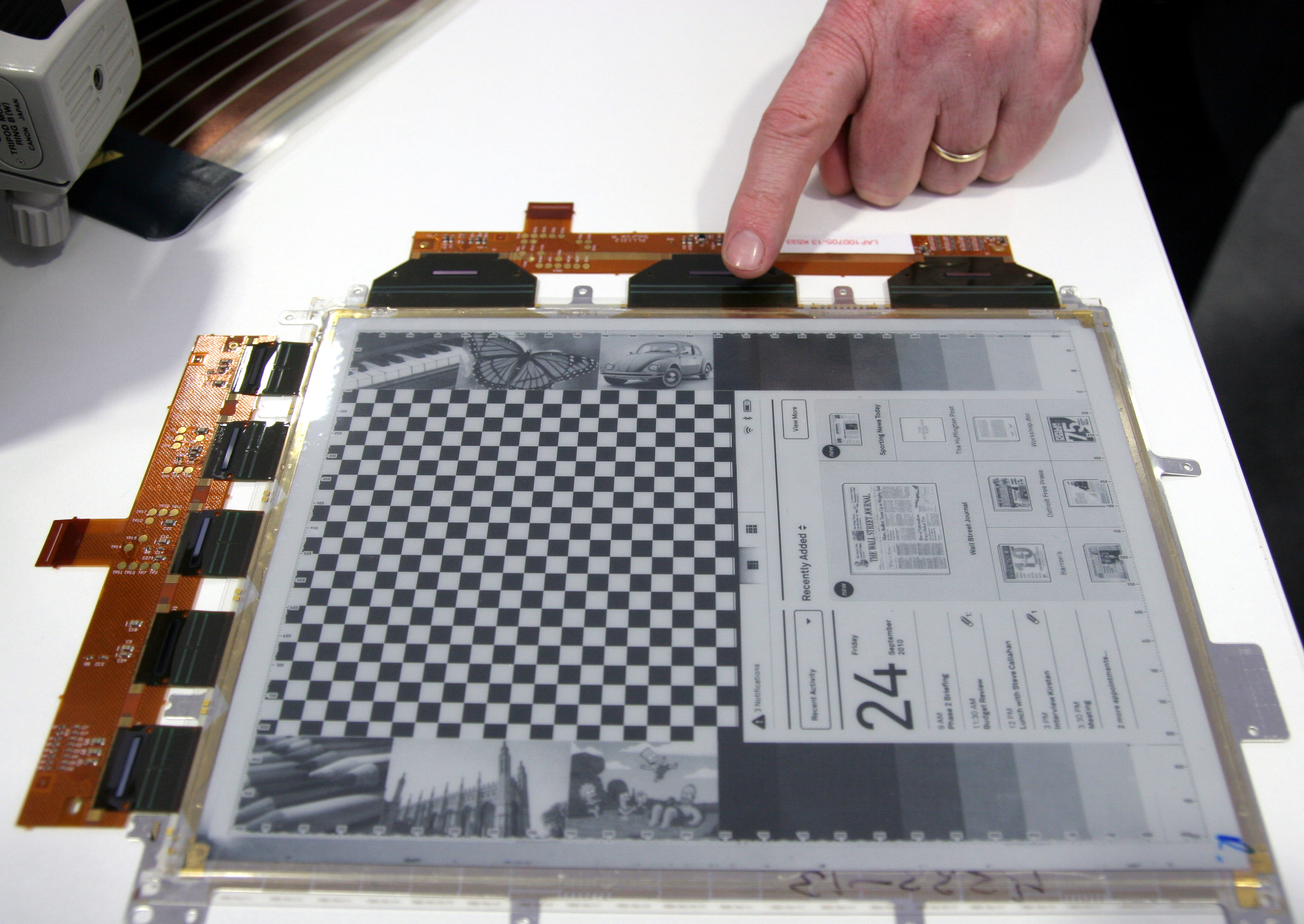 A high-resolution electronic-paper prototype photographed in 2010, used illustratively; this is not M5Stack PaperDIY.
