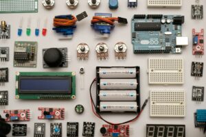 Illustrative circuit board and electronics components on a workbench