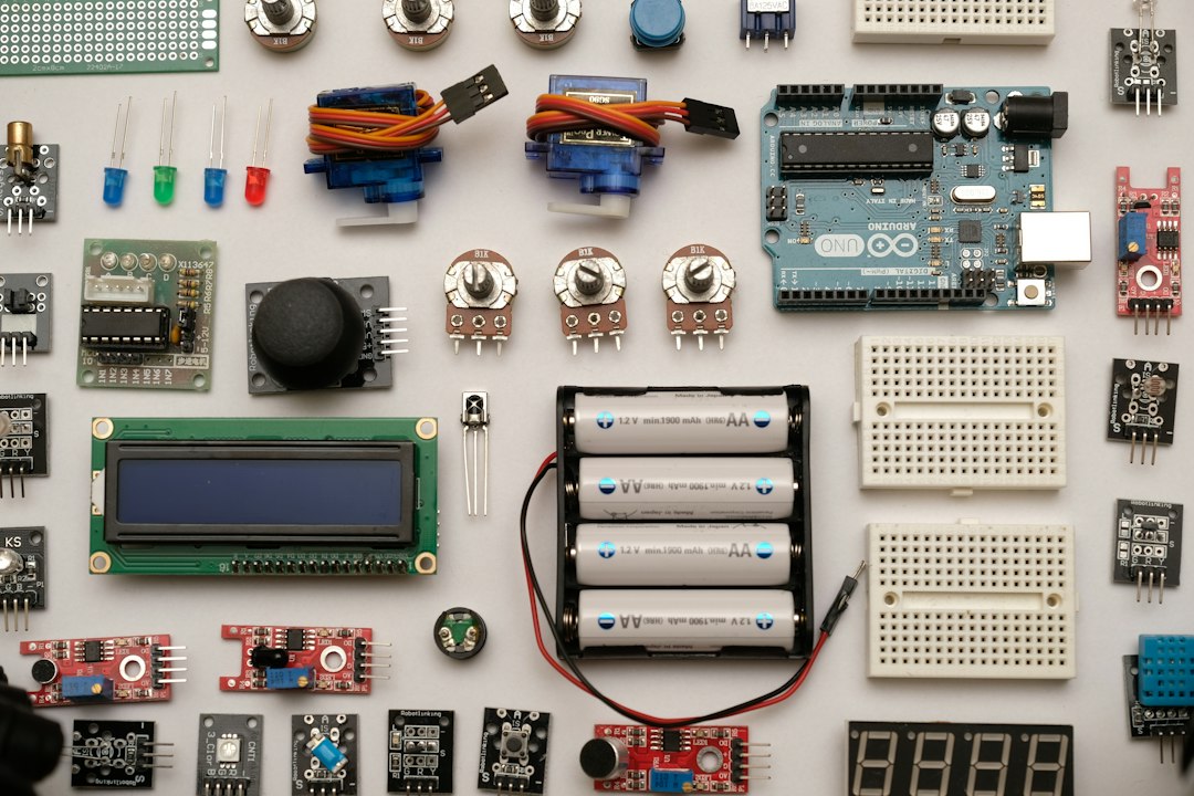 Illustrative circuit board and electronics components on a workbench