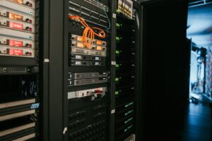 Server rack and network equipment, illustrating the Synology DSM ransomware warning