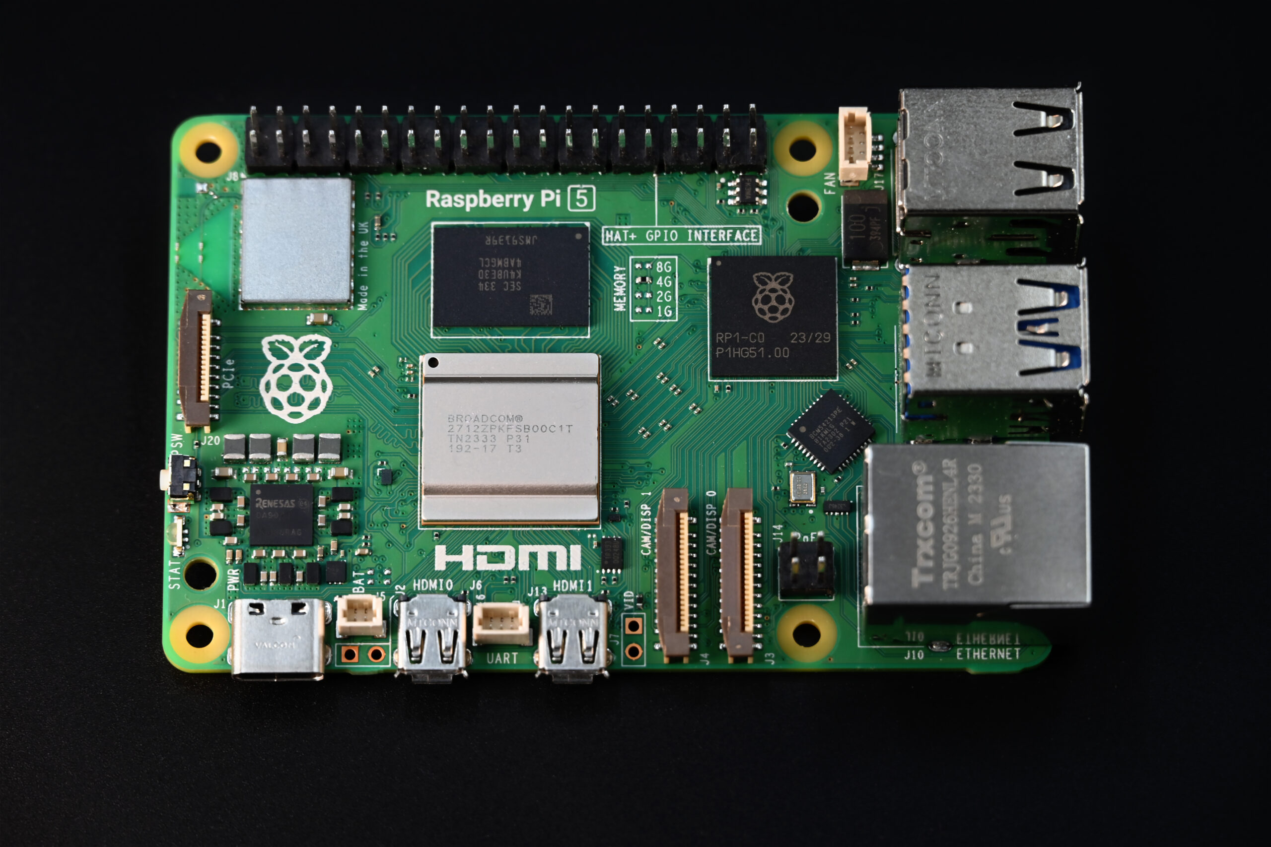 Raspberry Pi 5 single-board computer on a black background, used as an illustrative image for Home Assistant OS.