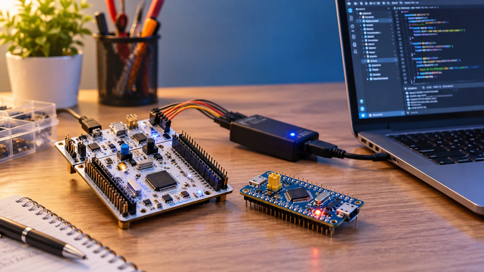 STM32 beginner development workbench showing a Nucleo-style board, a Blue Pill and an ST-LINK programming workflow