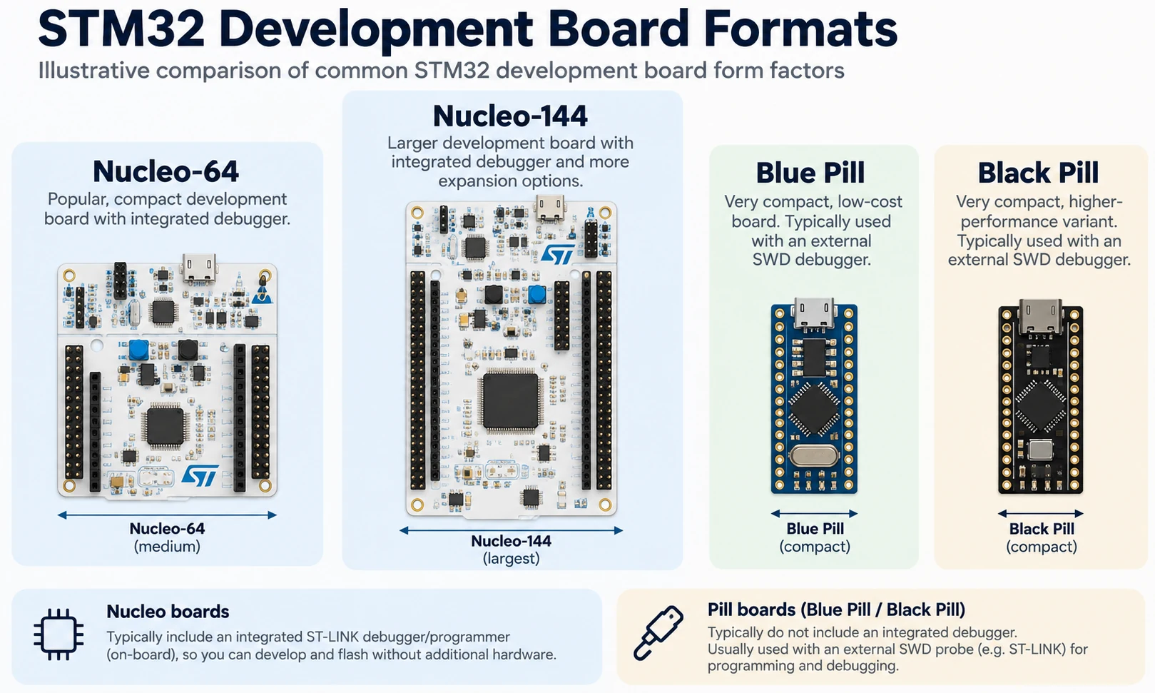 Relative development board form factors: Nucleo-64, Nucleo-144, compact Blue Pill and Black Pill