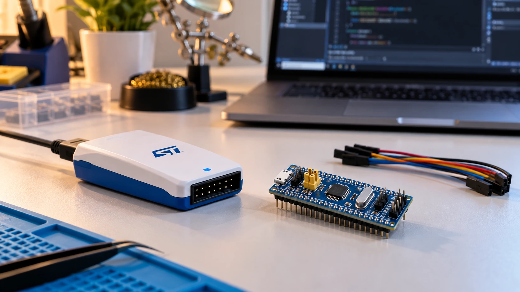 STM32 Blue Pill and ST-LINK V2 programmer on an electronics workbench, ready for SWD programming