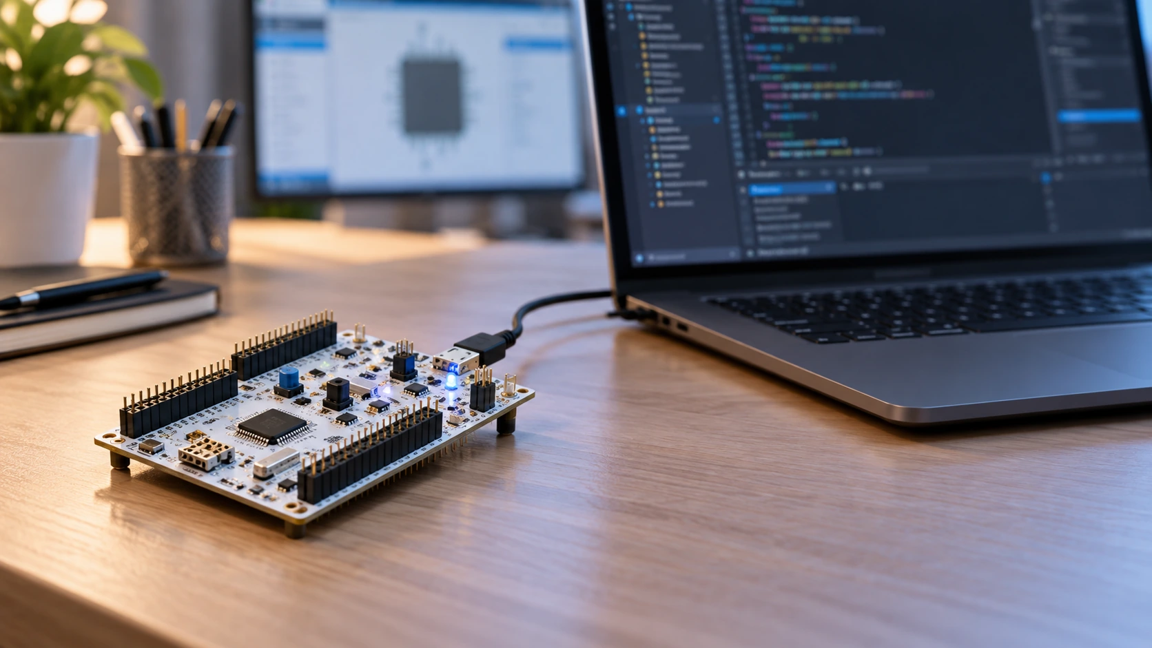 NUCLEO-F401RE development board and STM32 developer workstation showing CubeMX configuration and CubeIDE coding workflow