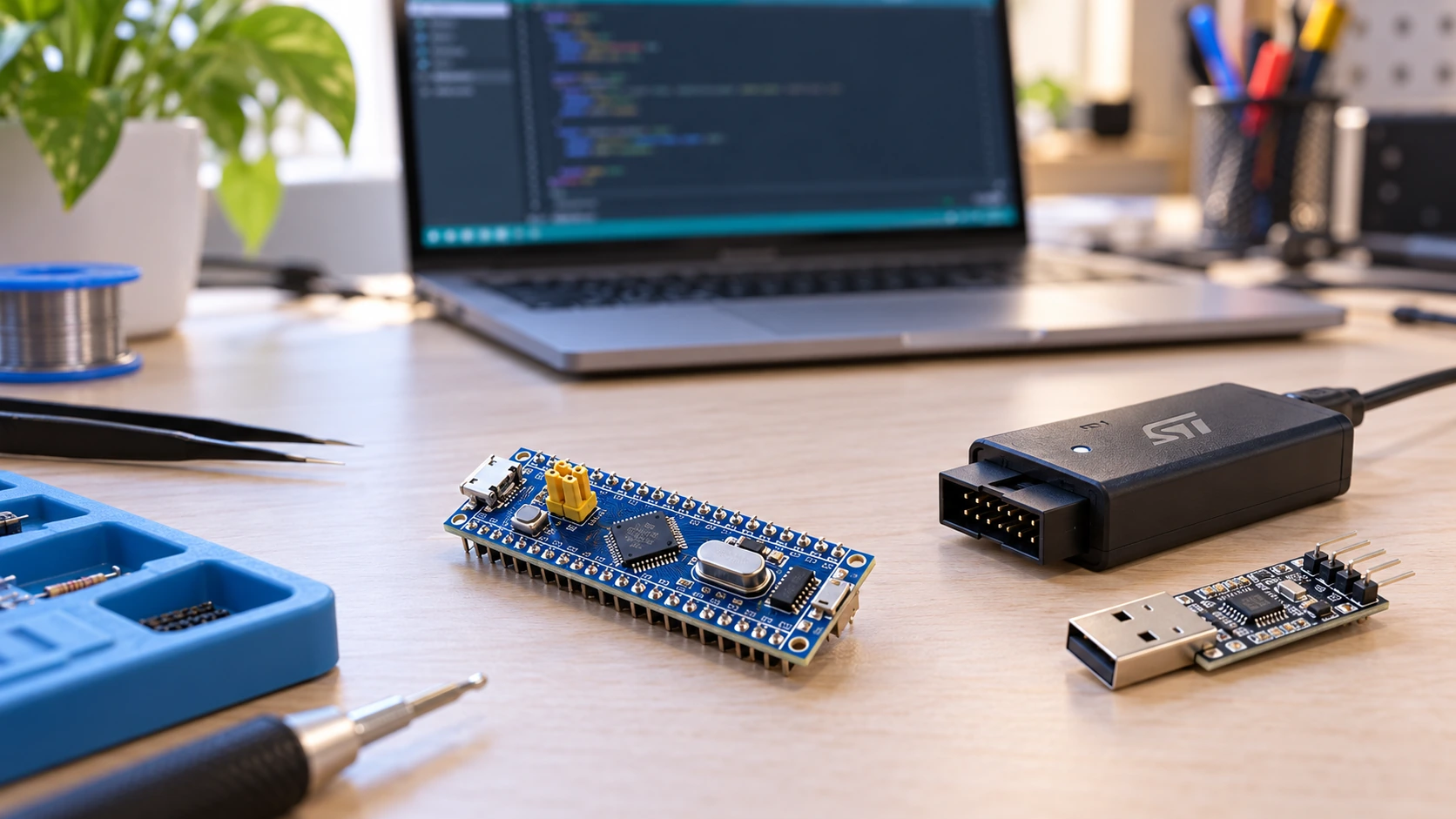 STM32 Blue Pill microcontroller, ST-LINK programmer and Arduino IDE 2 on electronics workbench