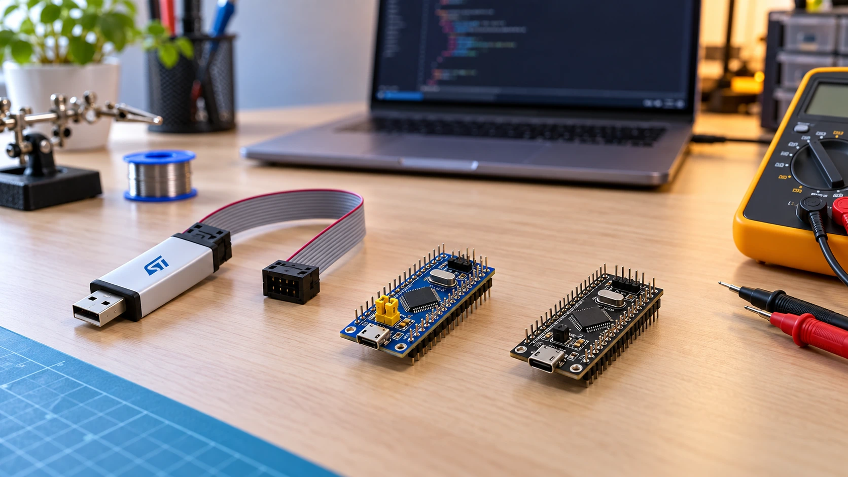 ST-LINK V2 debugger, STM32 Blue Pill and Black Pill boards on an electronics bench