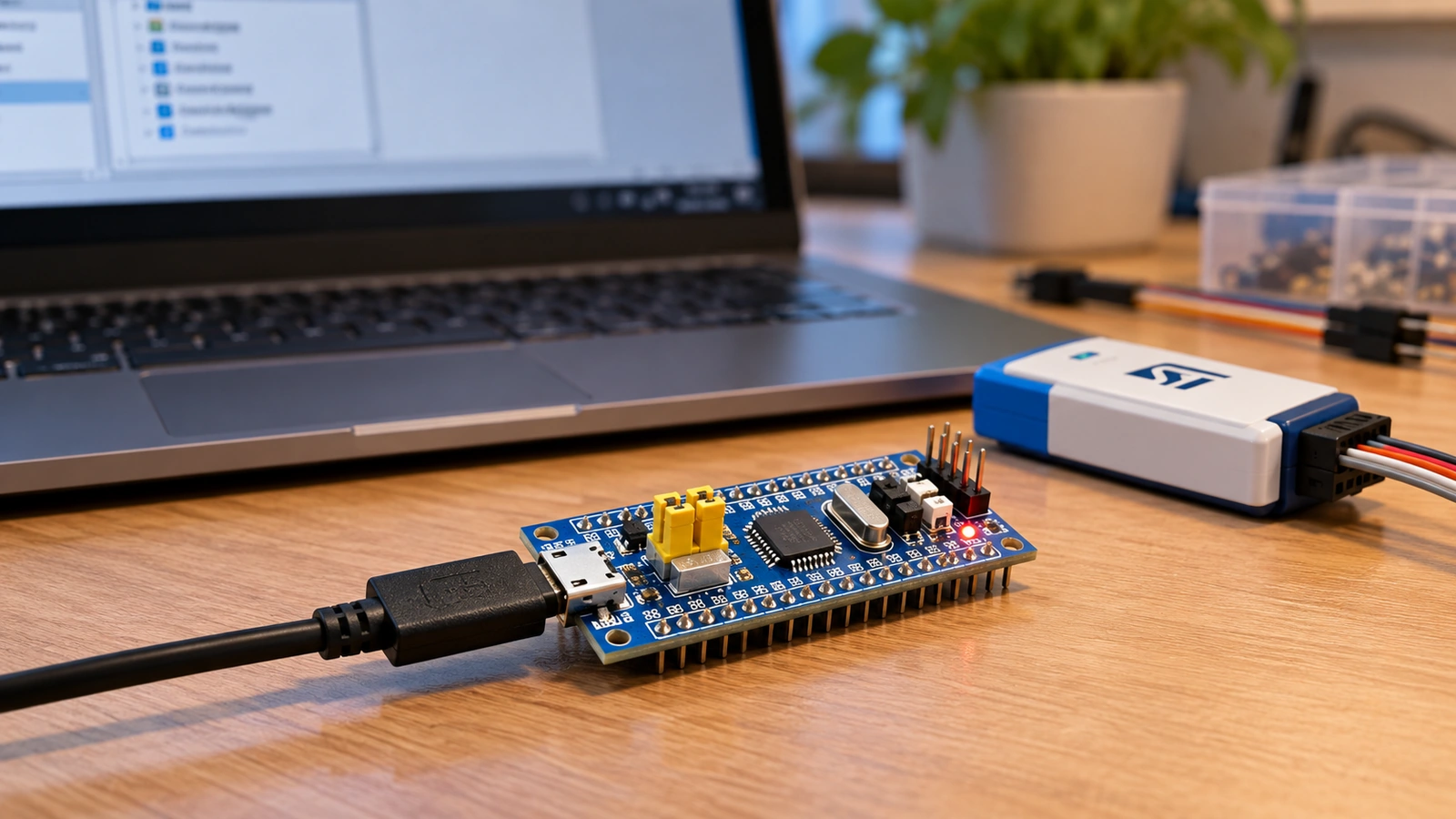 STM32F103C8 Blue Pill Micro-USB connected to laptop with ST-LINK programmer nearby