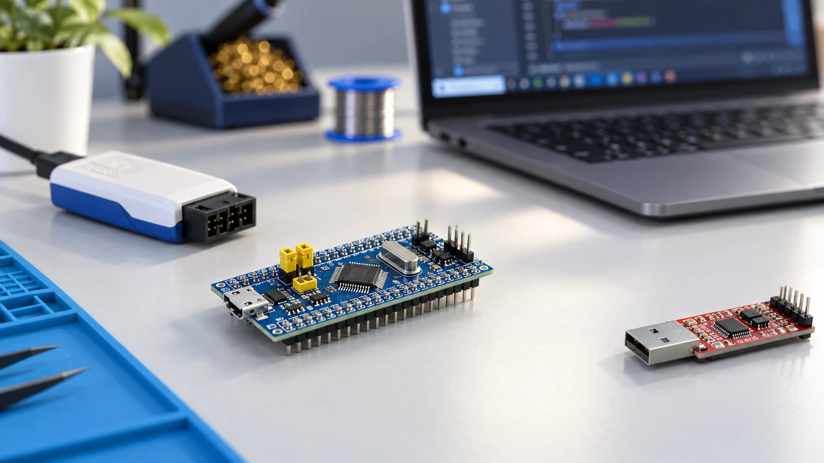 STM32 Blue Pill, ST-LINK programmer and BOOT0 jumper on embedded electronics development bench