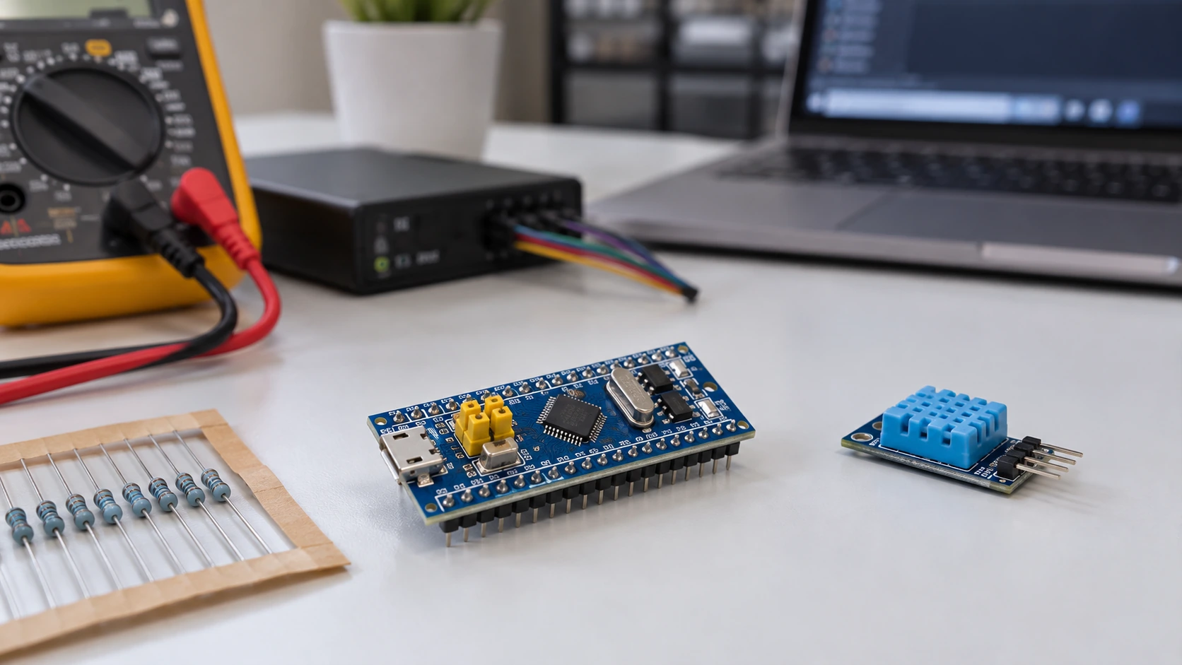 STM32 Blue Pill and mixed-voltage electronics bench with 3.3 V and 5 V sensor modules