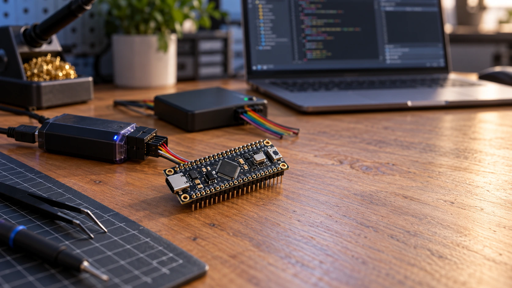 STM32F401CCU6 Black Pill board on an electronics workbench with USB-C and development tools