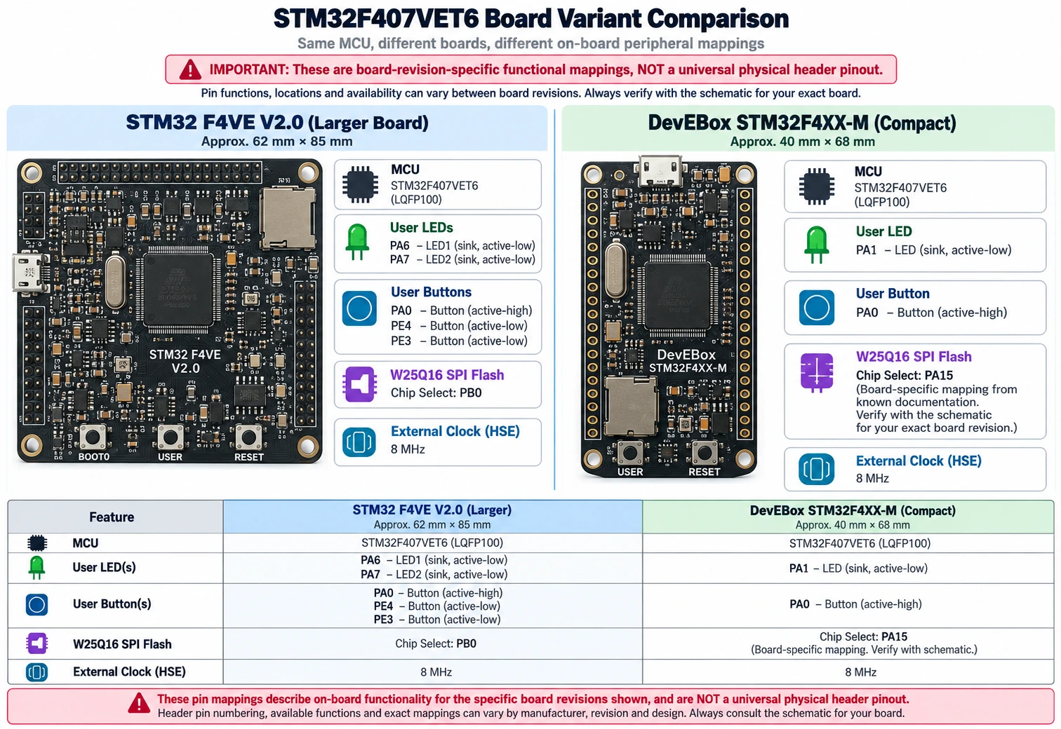 STM32F407VET6 F4VE V2.0 versus DevEBox STM32F4XX-M board revision specific LEDs, buttons and SPI flash chip-select nets