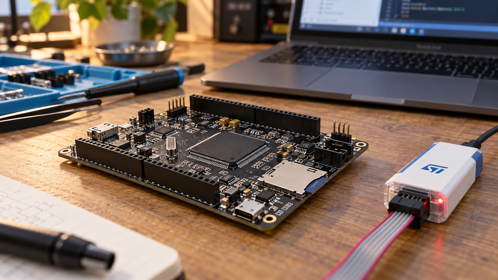STM32F407VET6 black development board with ST-LINK, microSD and USB connector on electronics bench