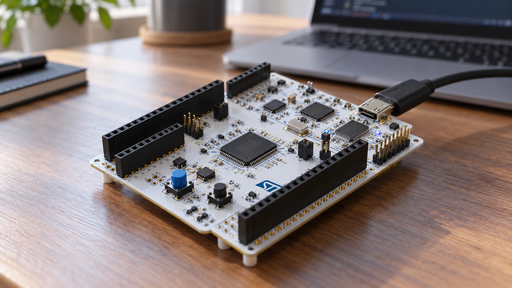 NUCLEO-G431RB 170MHz STM32G4 development board and onboard STLINK-V3E on an electronics bench