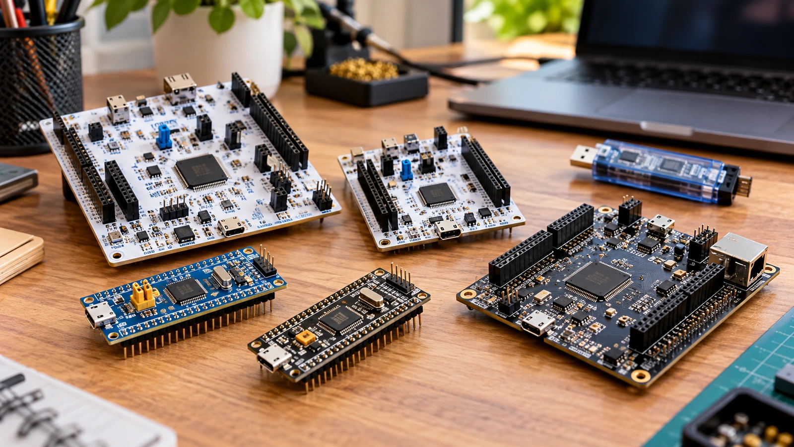 STM32 development boards representing F0 F1 F4 G0 G4 H7 U5 microcontroller families