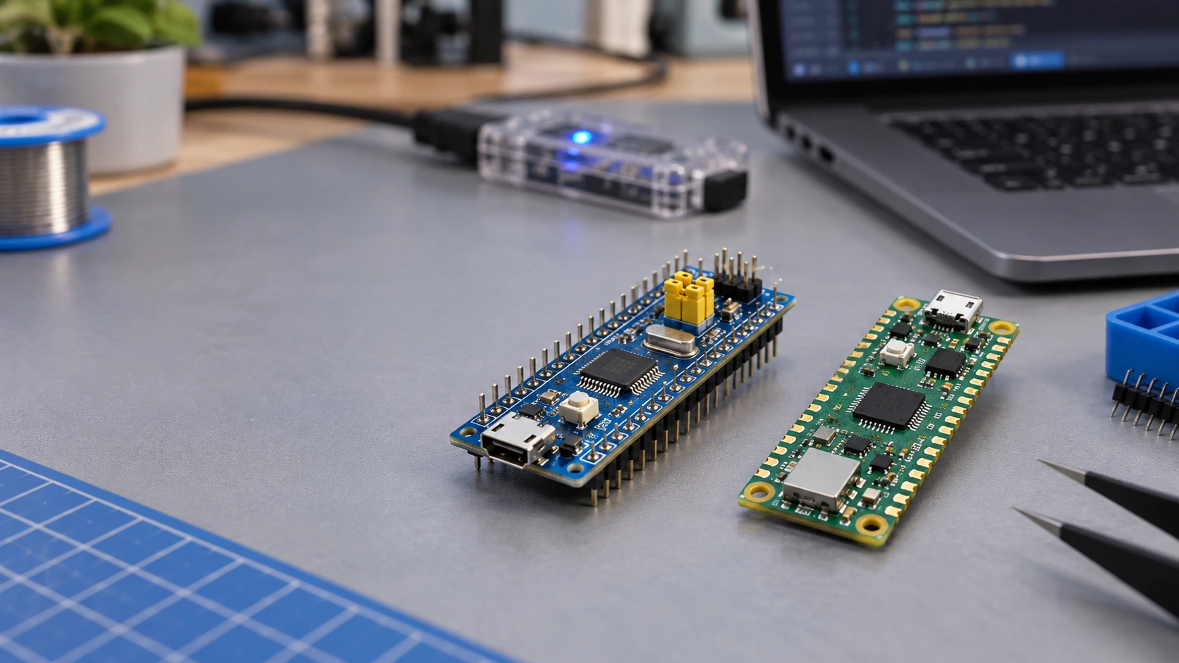 Blue STM32F103C8 Blue Pill board beside official Raspberry Pi Pico 2 board on an electronics bench