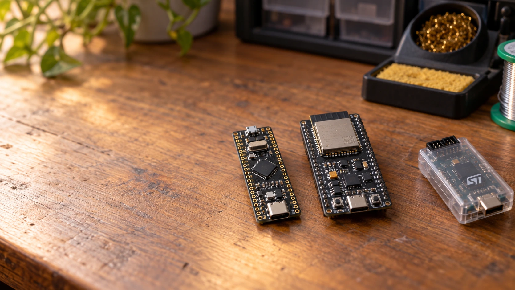 STM32F411 Black Pill alongside ESP32-S3 development board on electronics workbench