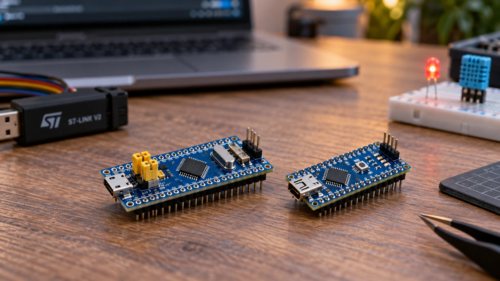 STM32F103C8 Blue Pill alongside classic Arduino Nano ATmega328P on electronics bench