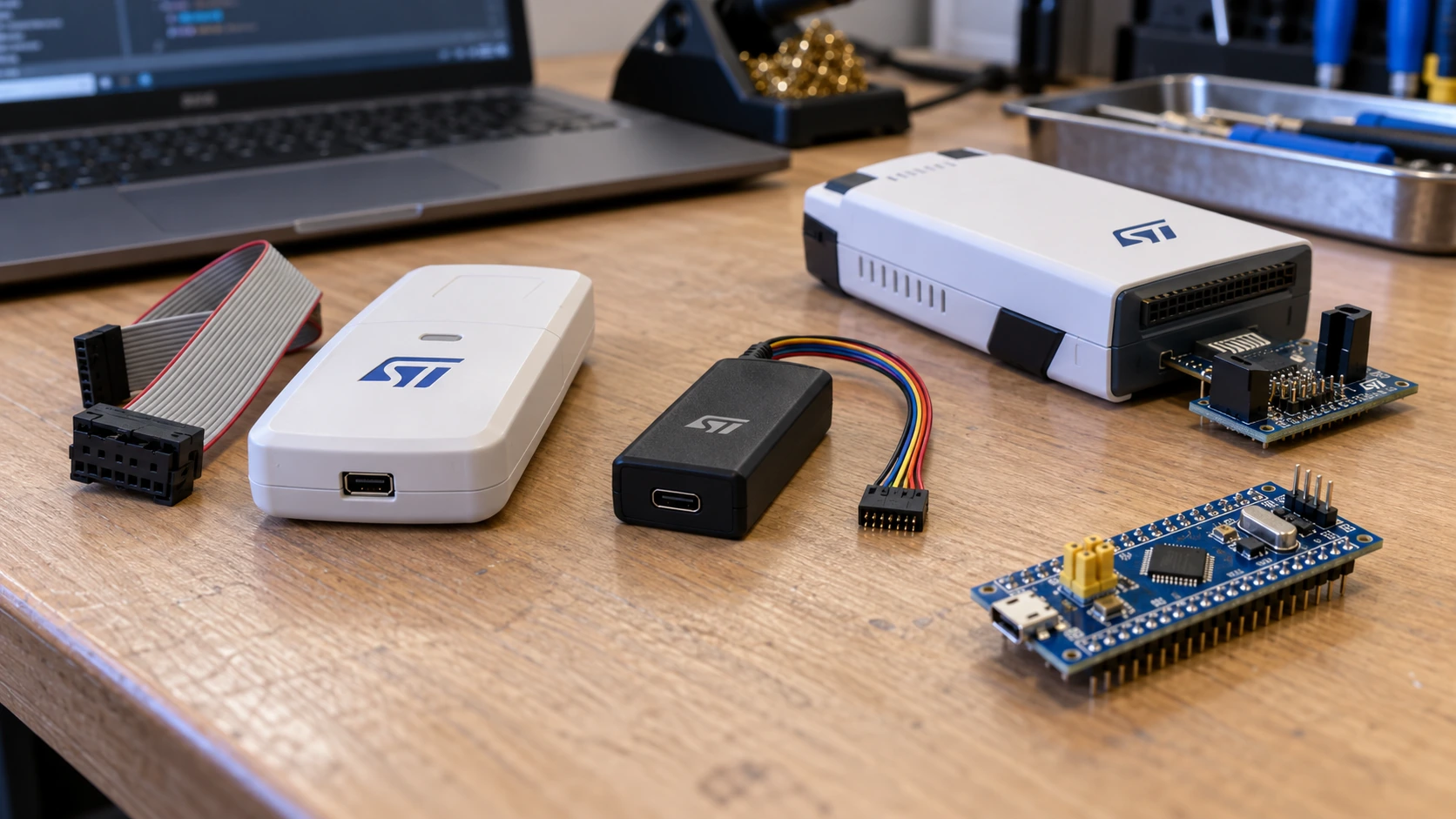 Genuine ST-LINK V2 debugger beside STLINK-V3MINIE and STLINK-V3SET on electronics workbench