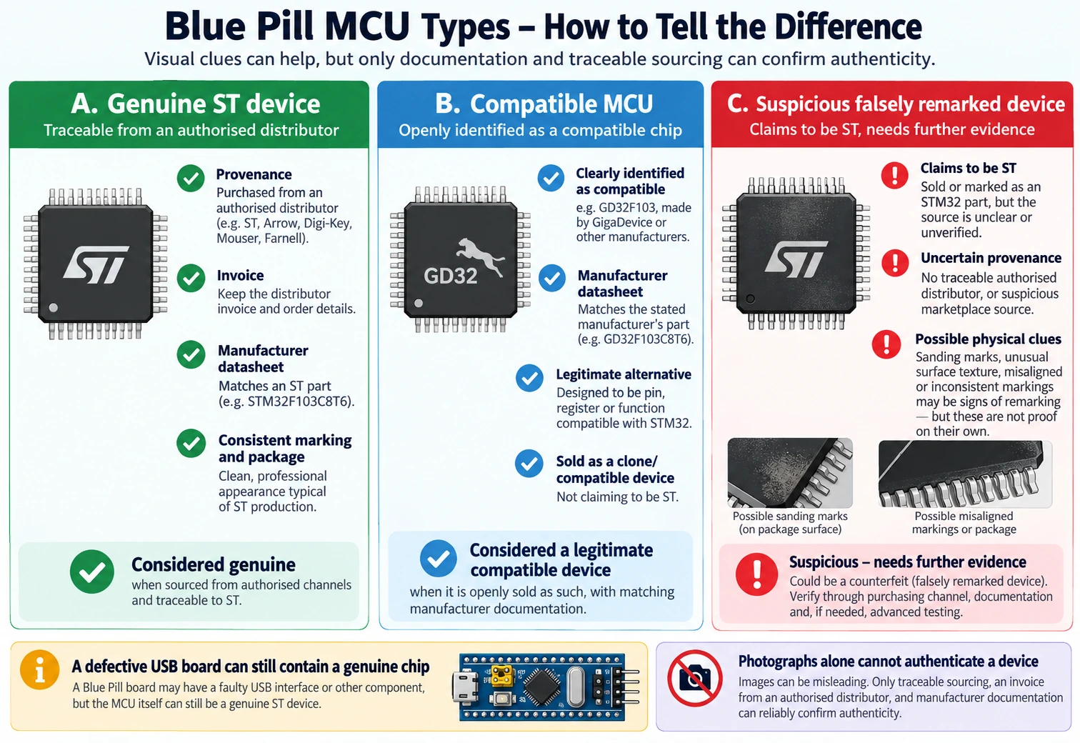 Three classifications of Blue Pill MCUs showing traceable genuine ST device, honestly marked compatible chip and falsely remarked suspect device