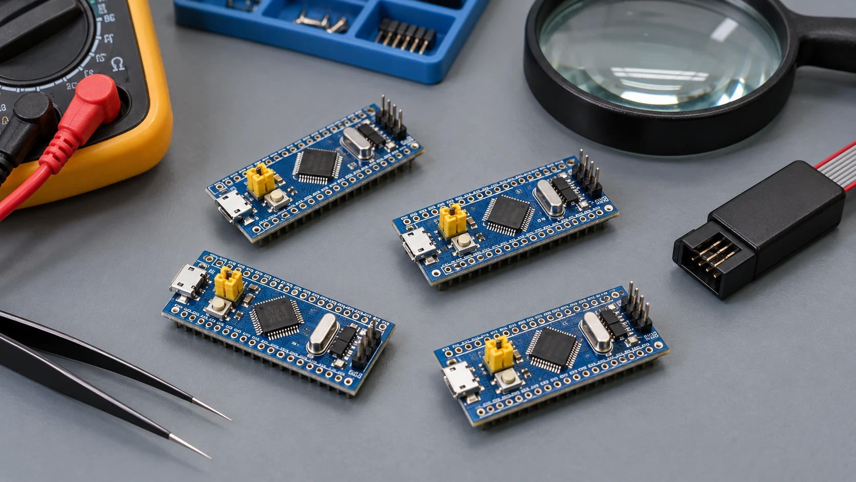 STM32F103C8 Blue Pill development boards being examined on a lab workbench with a magnifier and ST-LINK probe